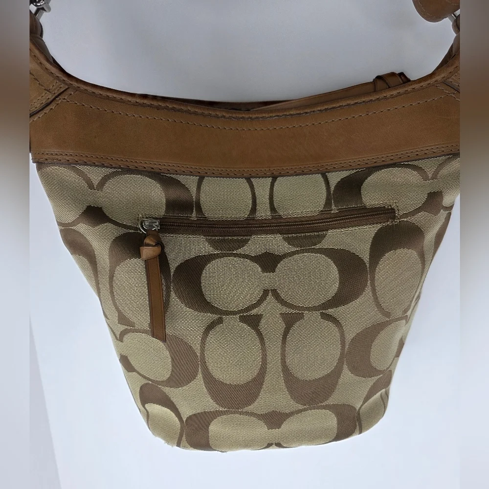 Y2k Coach Signature Canvas Bucket Medium Shoulder Bag F13358 Leather Silver